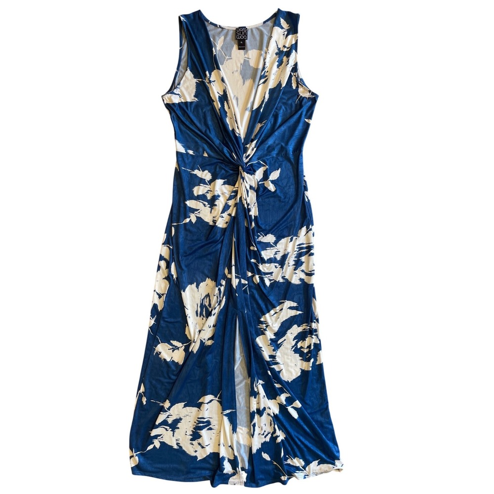 Clara Sunwoo Resortwear Blue Floral Twist Front V-Neck Maxi Dress XL Sleeveless